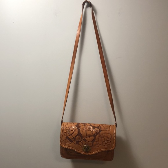 VTG Carved Tooled Leather Purse Bag Roses Horse Adjustable Strap Equestrian Boho - Picture 11 of 11